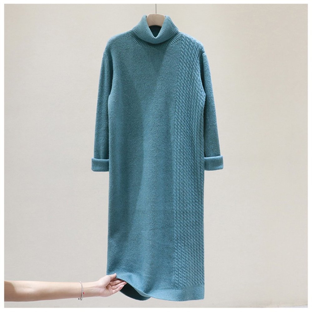 Blue Sweater Dress S Cable High Neck